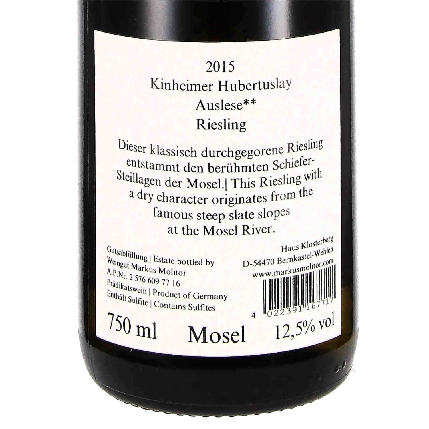 Riesling Auslese trocken Kinheimer Hubertuslay ** 2015 - weiße Kapsel -