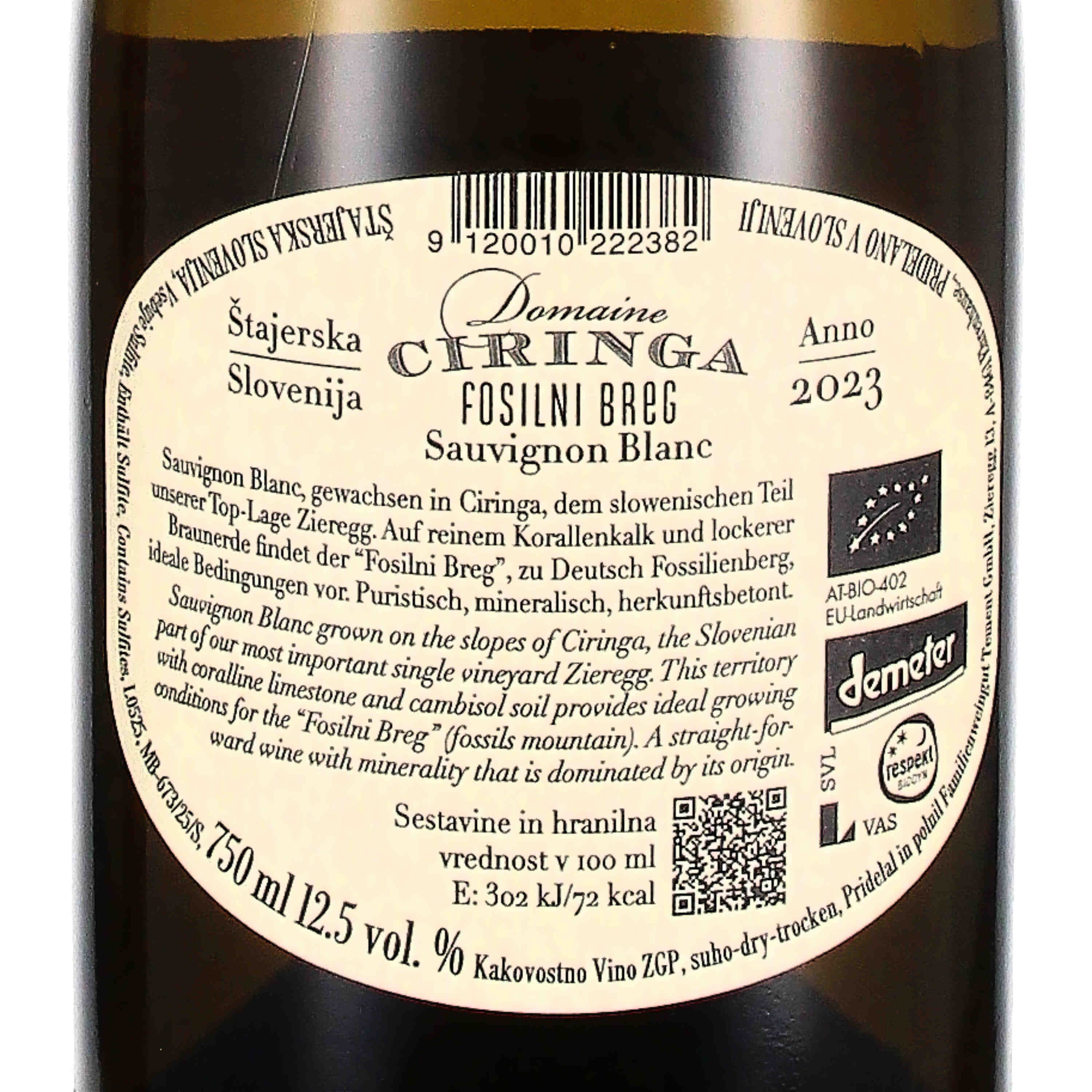 "Fosilni Breg" Sauvignon Blanc Vrhunsko Vino ZGP 2024 (bio)
