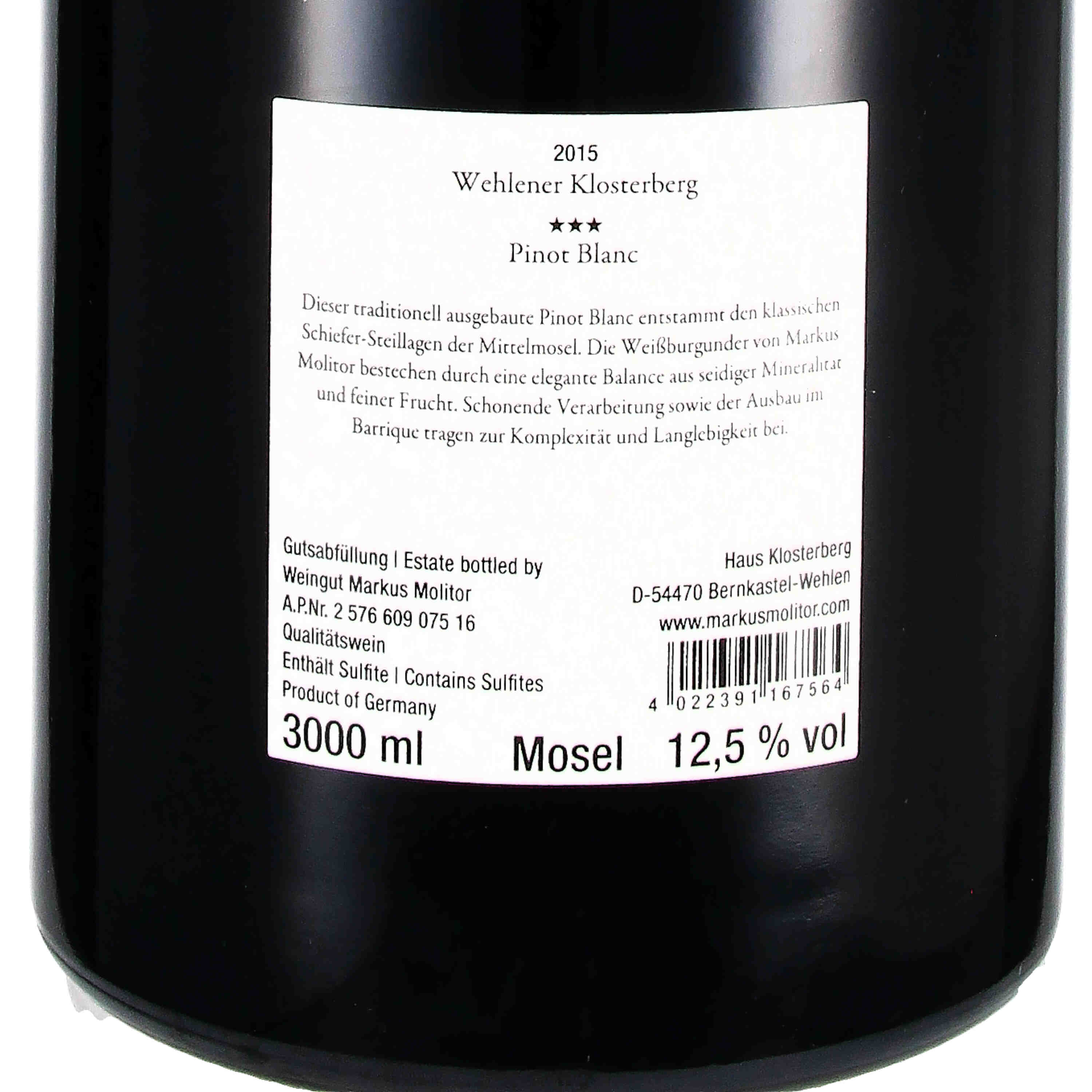Pinot Blanc Wehlener Klosterberg  *** 2015 QbA - Doppelmagnum