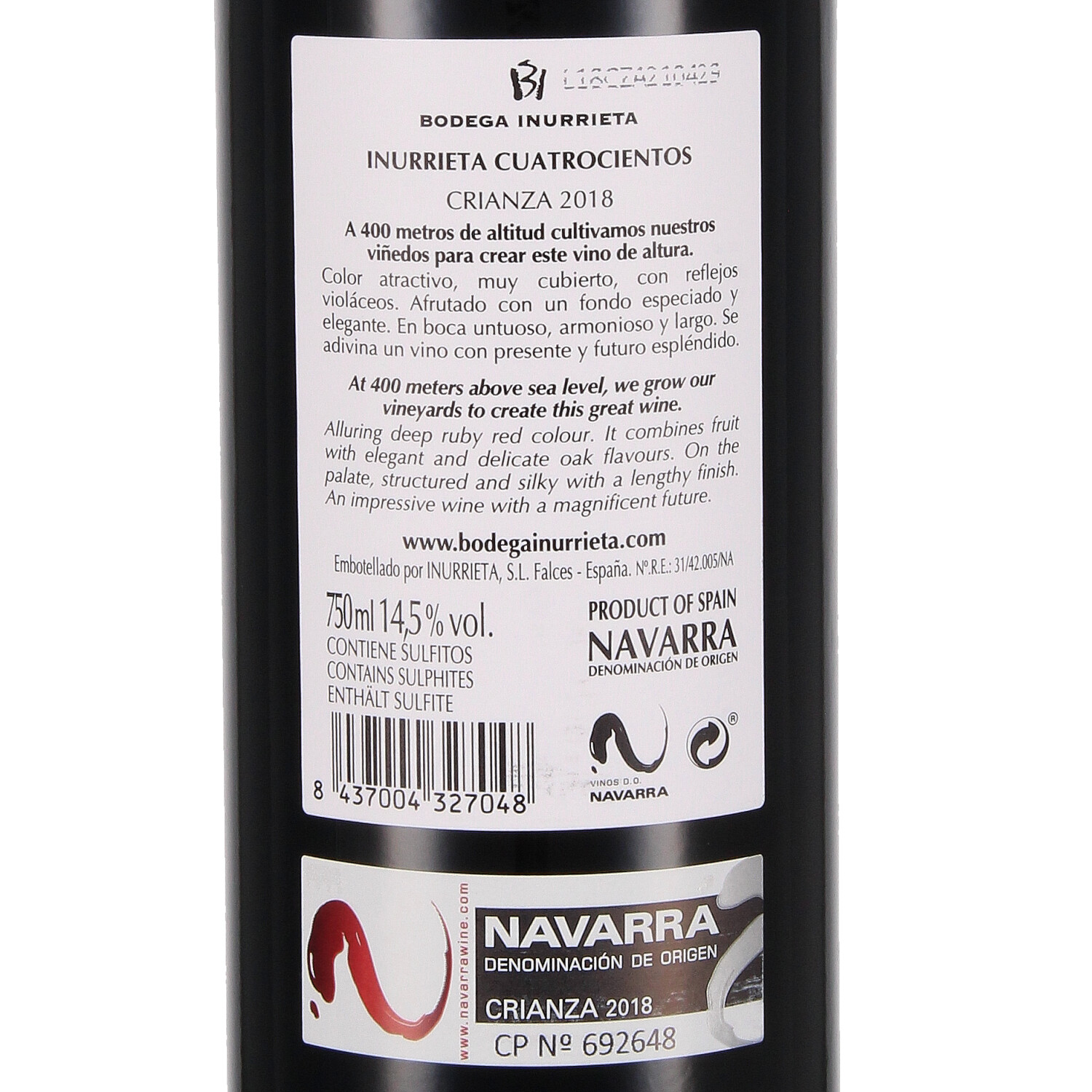 Tinto Crianza Cuatrocientos Navarra D.O. 2018