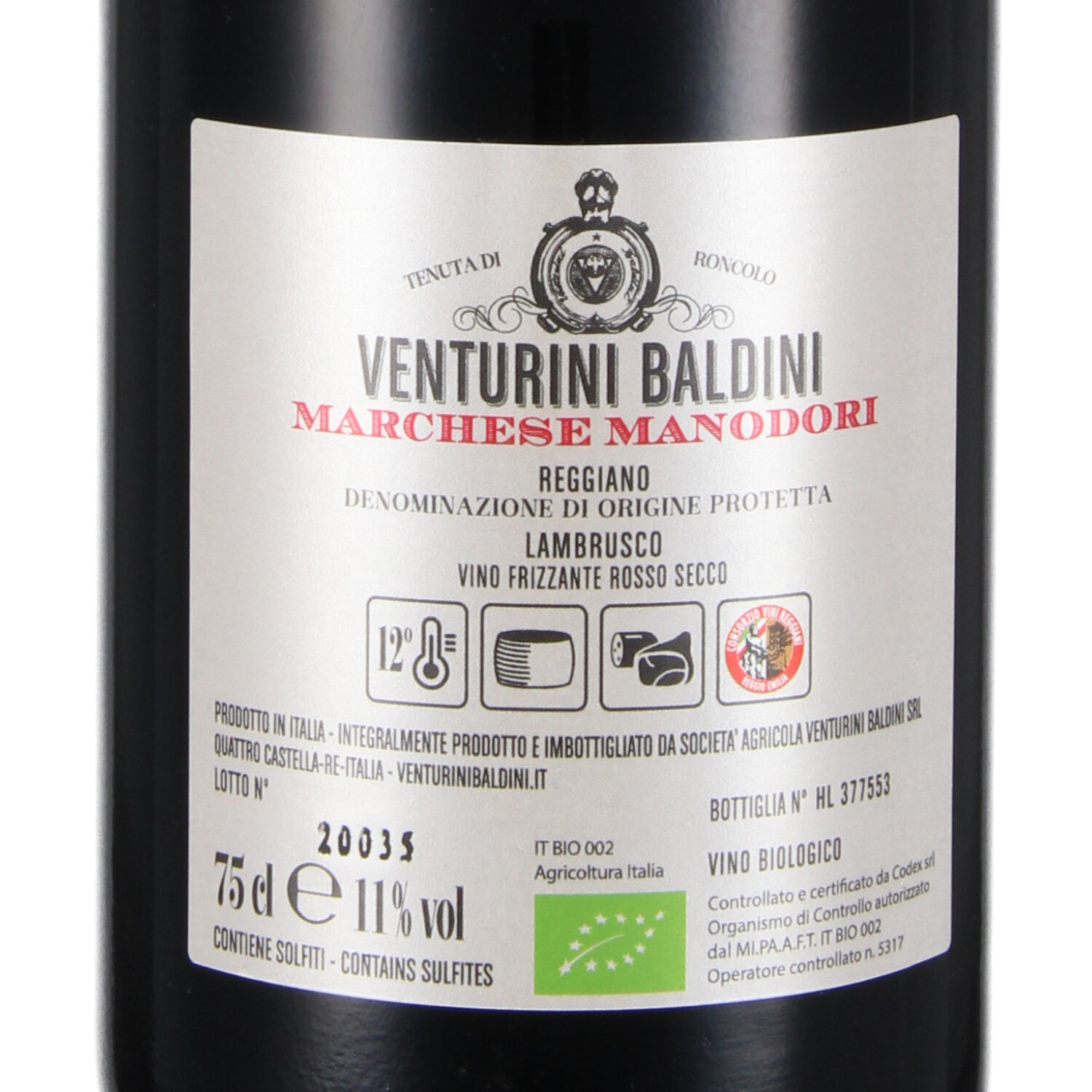 Marchese Manodori  Lambrusco frizzante Rosso secco DOP Reggiano  (bio)