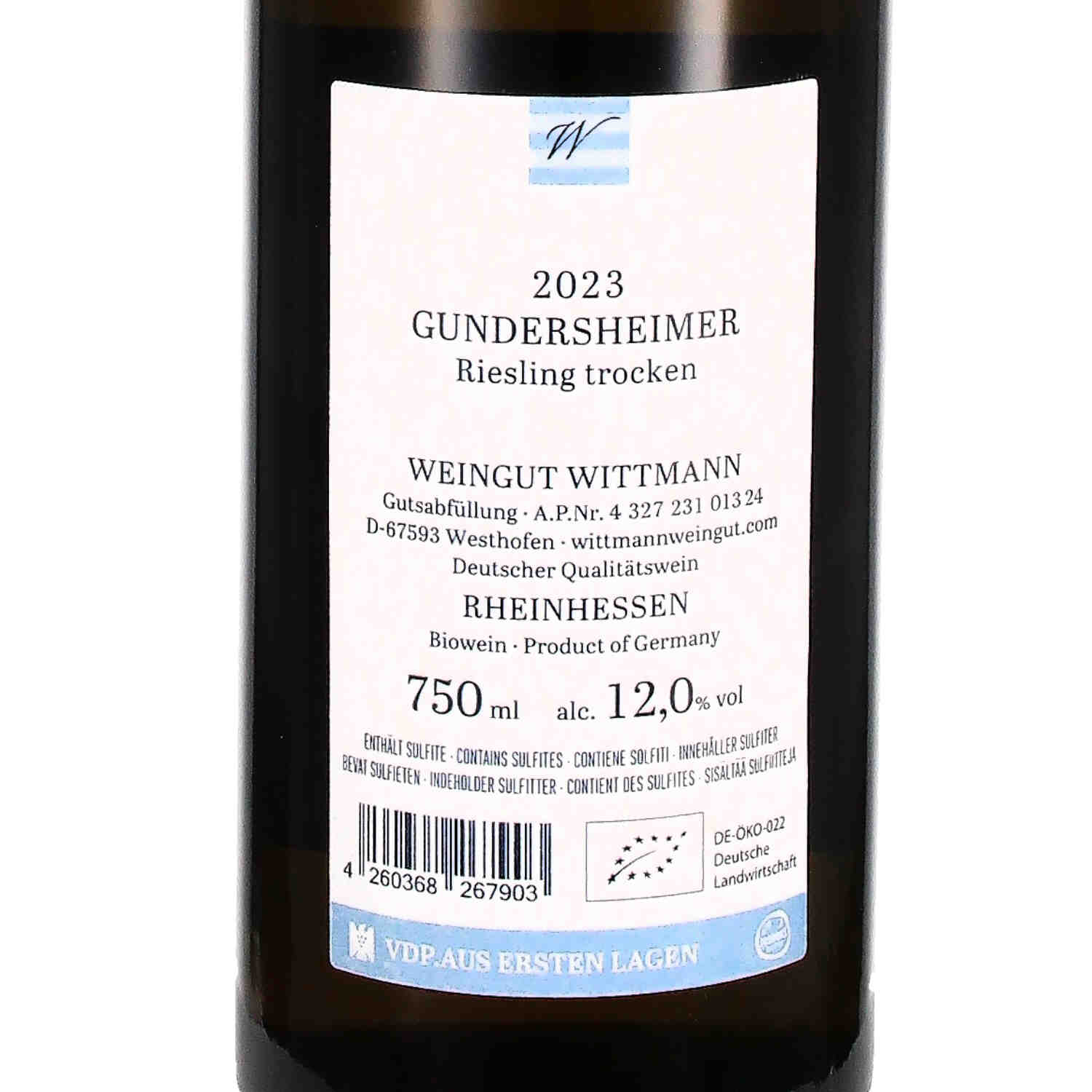 Gundersheimer Riesling trocken 1G Erste Lage 2023, QbA  (bio)
