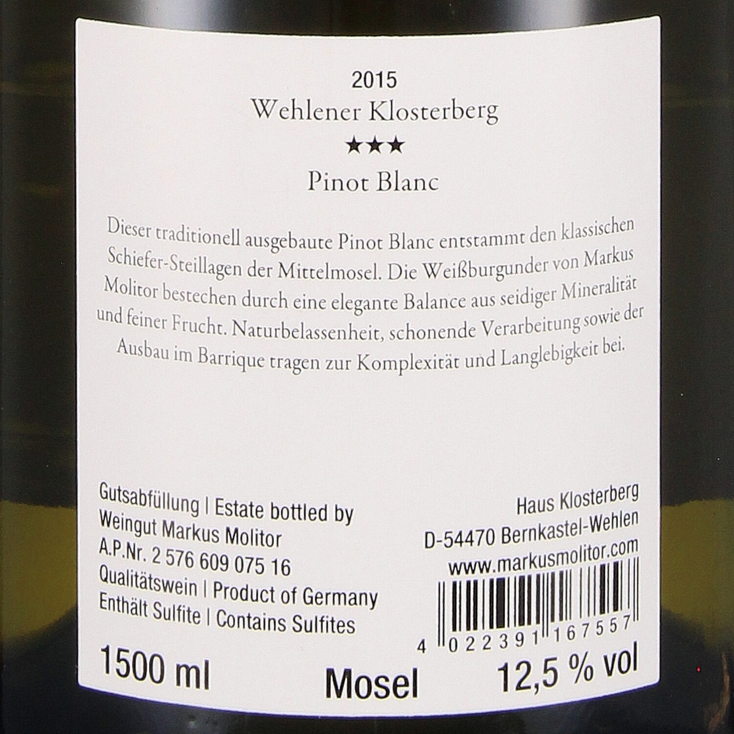 Pinot Blanc Wehlener Klosterberg  *** 2015 QbA - Magnum