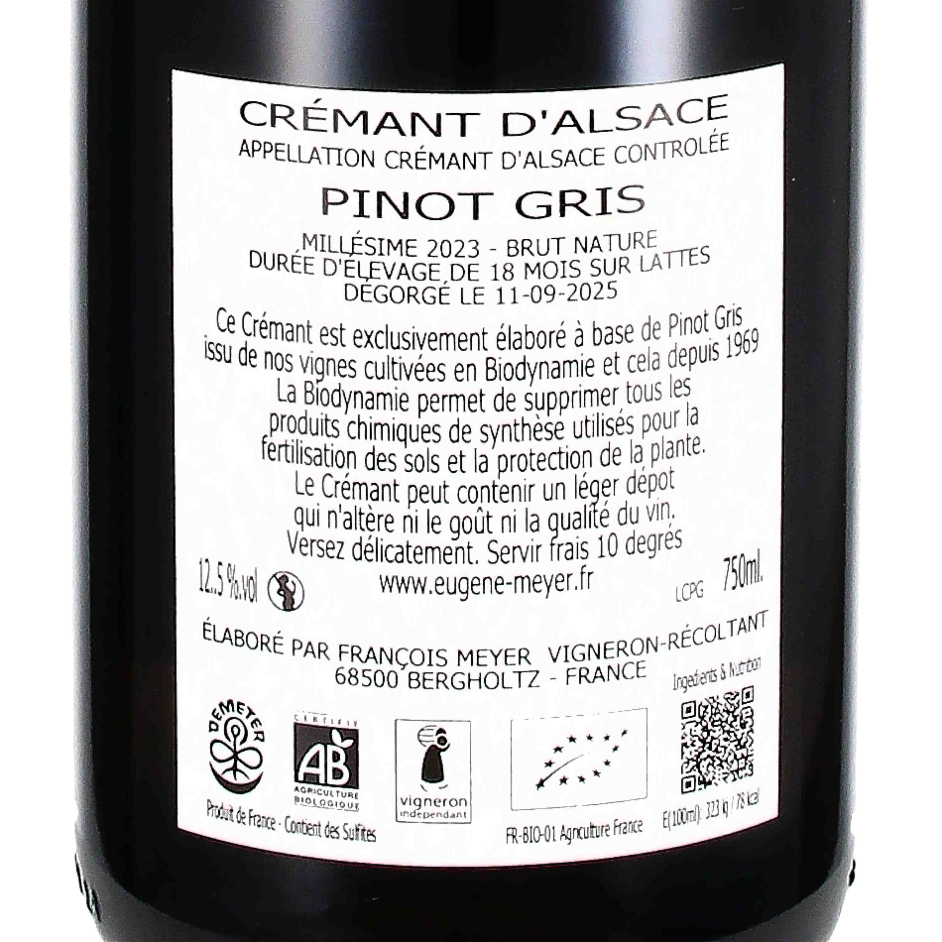 Crémant d'Alsace AOC Pinot Gris Brut Nature Millésime 2023 (bio)