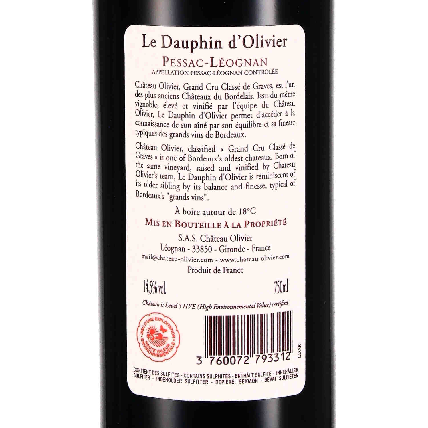 "Le Dauphin d'Olivier" Pessac-Léognan rouge AOC 2020 -  2nd wine of Château Oliv