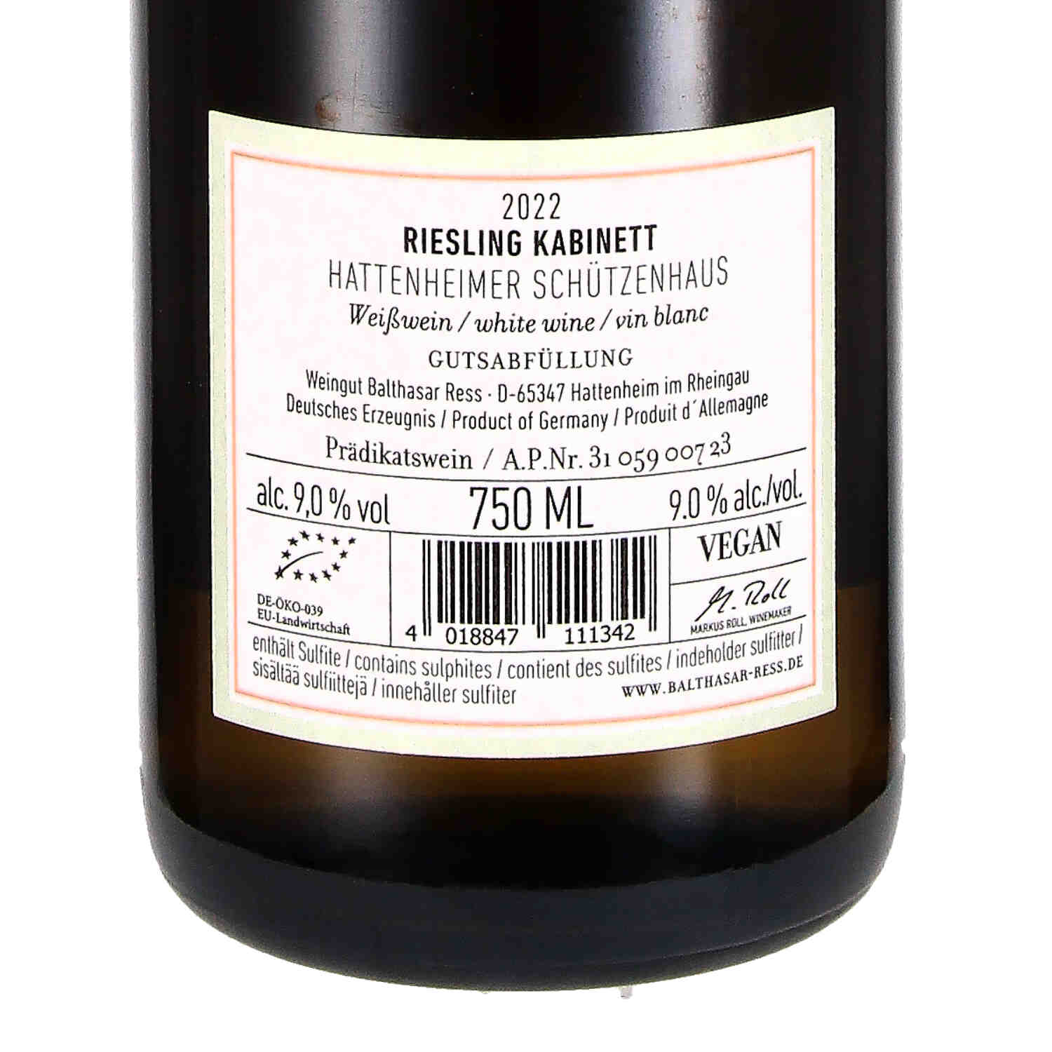 Riesling Kabinett Hattenheimer Schützenhaus VDP.Erste Lage 2022  (bio)