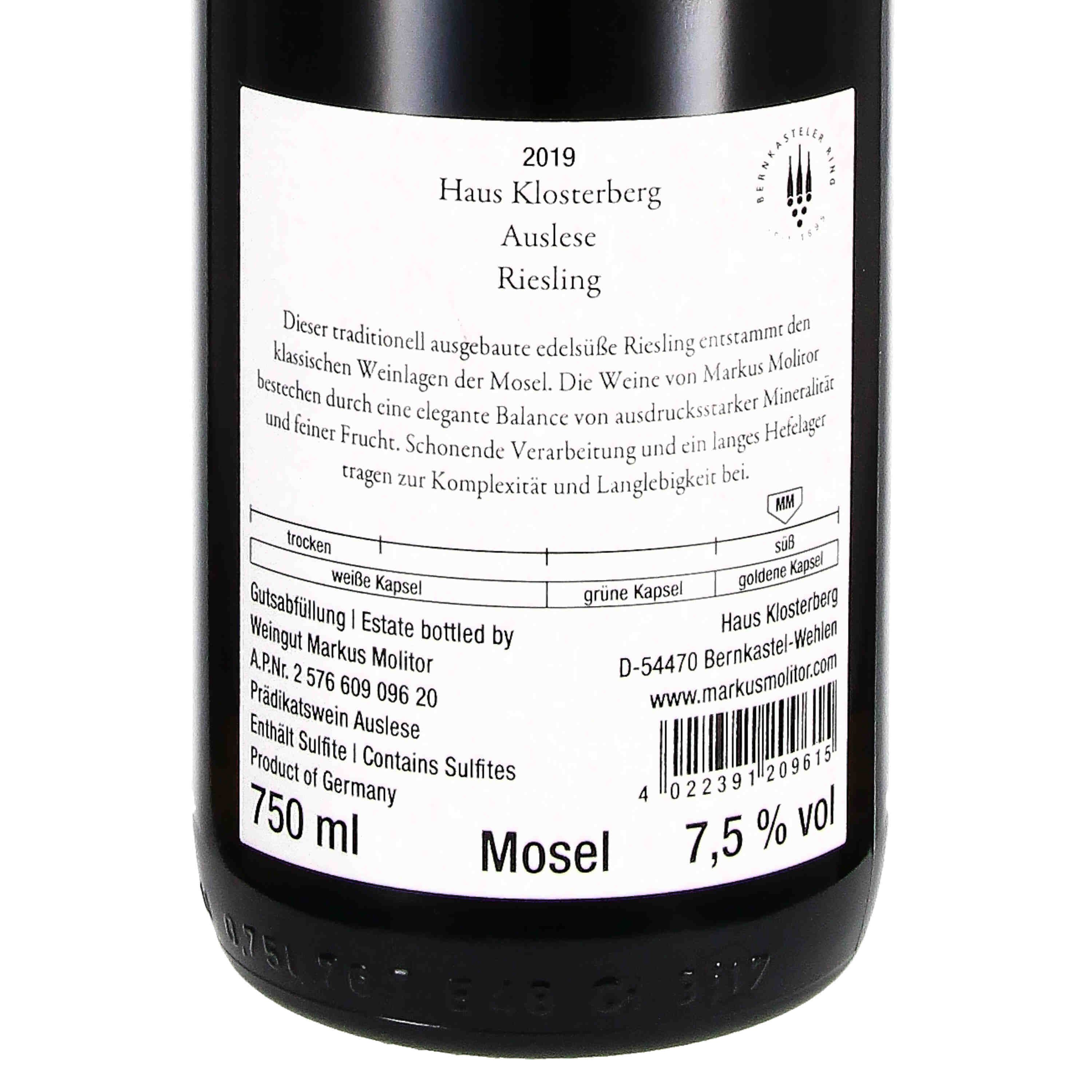Riesling Auslese Haus Klosterberg 2019 Goldkapsel fruchtsüß